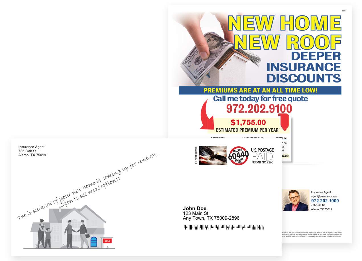 Sample insurance-agent mailing: a personalized letter beside its printed envelope, showing a homeowners insurance renewal offer